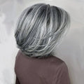 Bright Silver-Gray Layered Bob Wig with Curtain Bangs, Suitable for Women, Synthetic Light Gray Bright Bob Wig, Short Gray Layered Synthetic Wig, Suitable for Black Women (Silver-Gray Mixed Highlights)