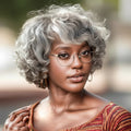 Short Silver Gray Curly Bob 100% Human Hair Wig
