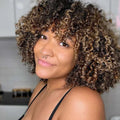 Natural Brown Afro Kinky Curly Human Hair Wig with Bangs