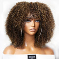 Natural Brown Afro Kinky Curly Human Hair Wig with Bangs