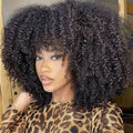 Natural Brown Afro Kinky Curly Human Hair Wig with Bangs