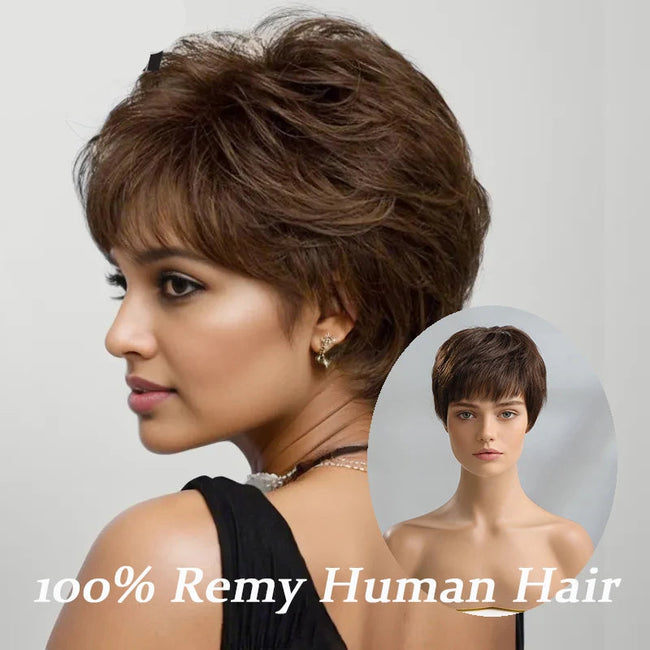Brown Straight Human Hair Wig With Bangs