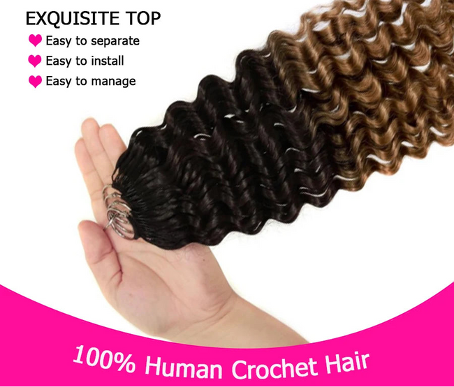 A hand holding a bundle of Wowangel human crochet hair extensions with a dark brown to light brown ombré wave pattern, set against a white background with promotional text.