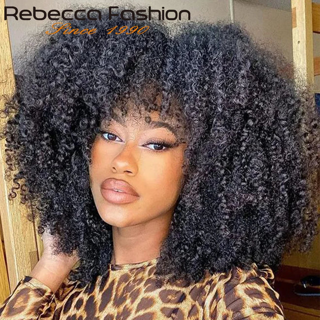 Natural Brown Afro Kinky Curly Human Hair Wig with Bangs