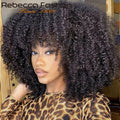 Natural Brown Afro Kinky Curly Human Hair Wig with Bangs