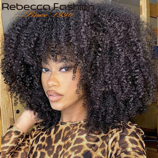 Natural Brown Afro Kinky Curly Human Hair Wig with Bangs