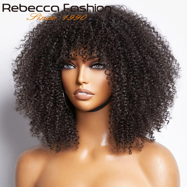 Natural Brown Afro Kinky Curly Human Hair Wig with Bangs