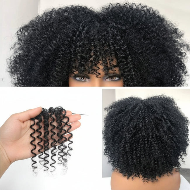 Natural Brown Afro Kinky Curly Human Hair Wig with Bangs