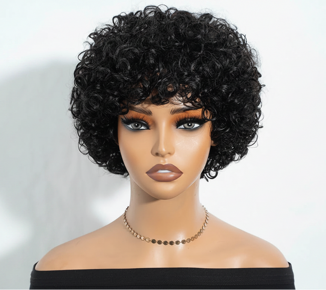 Short Curly 100% Human Hair Wig (Black or Gray)