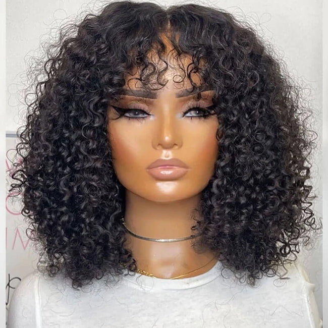 Short Curly Glueless Human Hair Wig with Bangs