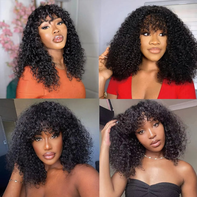 Short Curly Glueless Human Hair Wig with Bangs
