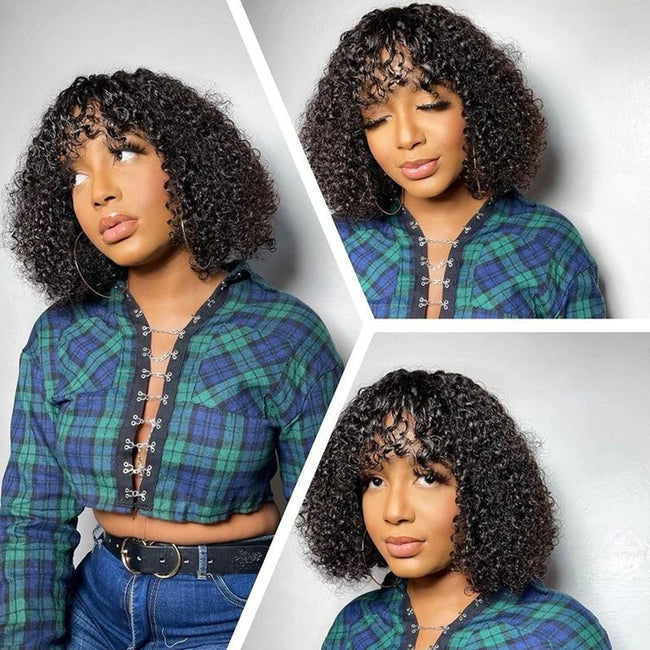 Short Curly Glueless Human Hair Wig with Bangs