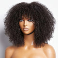 Natural Brown Afro Kinky Curly Human Hair Wig with Bangs