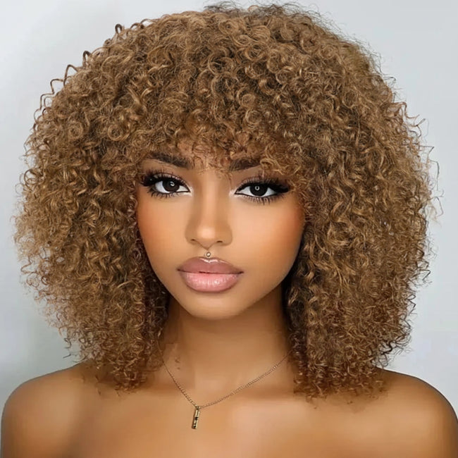Natural Brown Afro Kinky Curly Human Hair Wig with Bangs