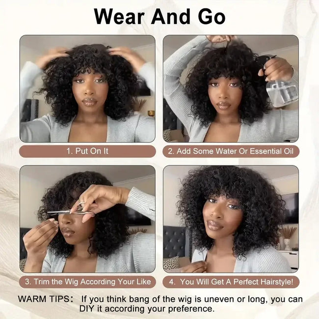 Short Curly Glueless Human Hair Wig with Bangs