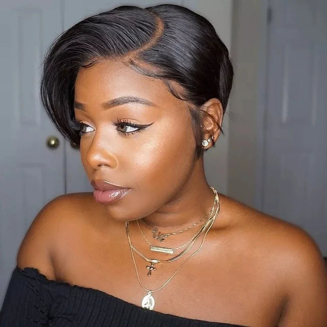 Burmese Hair Side Part Pixie Cut Straight Wig