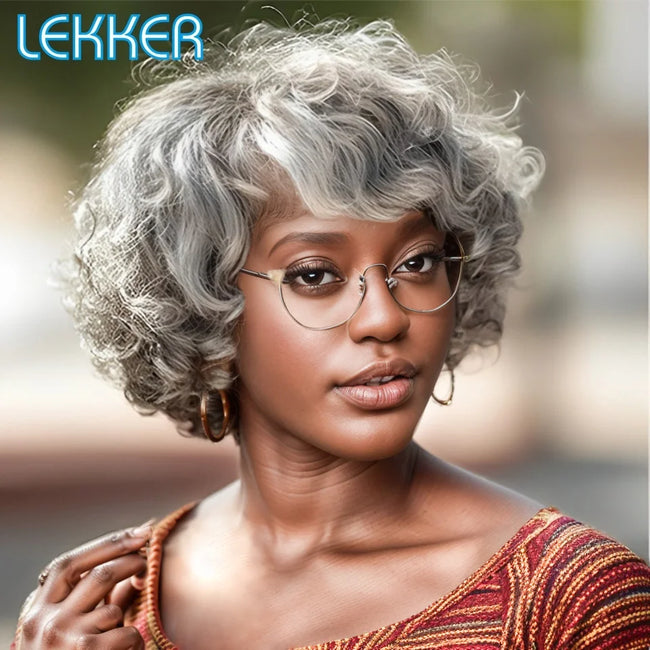 Short Silver Gray Curly Bob 100% Human Hair Wig