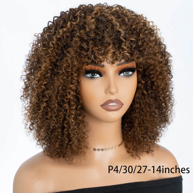 Natural Brown Afro Kinky Curly Human Hair Wig with Bangs