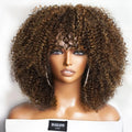 Natural Brown Afro Kinky Curly Human Hair Wig with Bangs