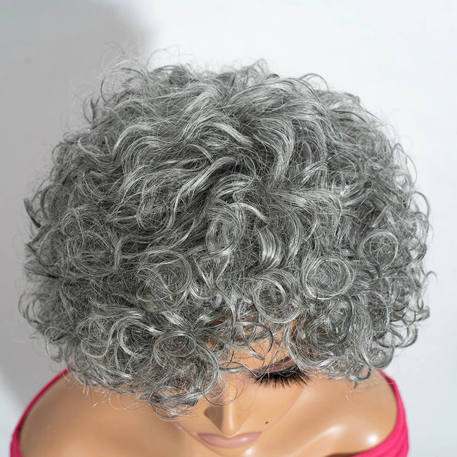 Short Silver Gray Curly Bob 100% Human Hair Wig