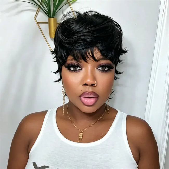 Mullet Pixie Cut Wig Natural Black Wig With Bangs