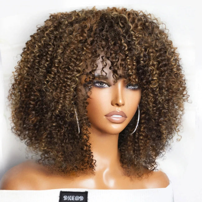 Natural Brown Afro Kinky Curly Human Hair Wig with Bangs