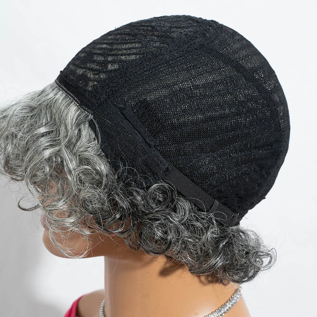 Short Silver Gray Curly Bob 100% Human Hair Wig