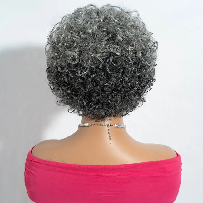 Short Silver Gray Curly Bob 100% Human Hair Wig