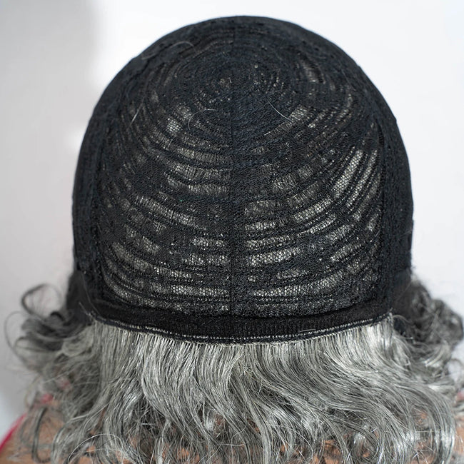 Short Silver Gray Curly Bob 100% Human Hair Wig