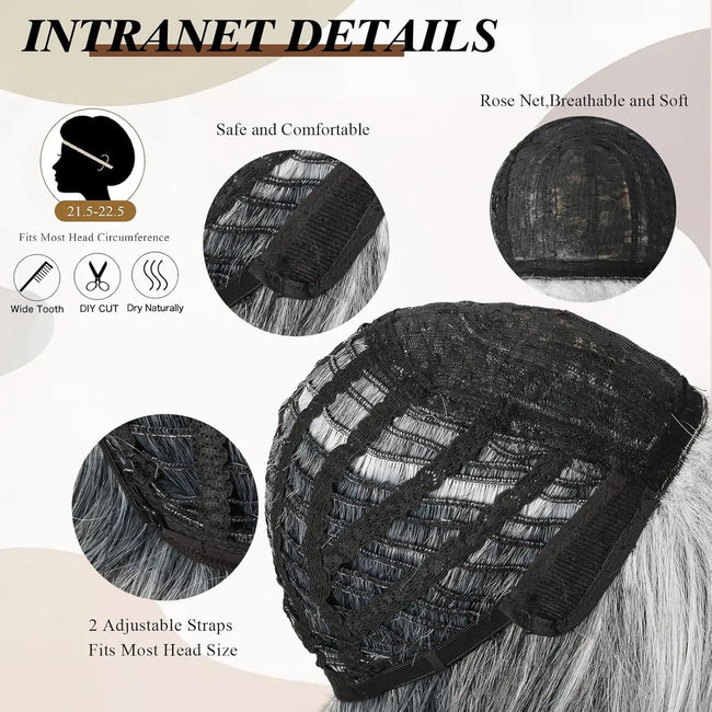 Bright Silver-Gray Layered Bob Wig with Curtain Bangs, Suitable for Women, Synthetic Light Gray Bright Bob Wig, Short Gray Layered Synthetic Wig, Suitable for Black Women (Silver-Gray Mixed Highlights)