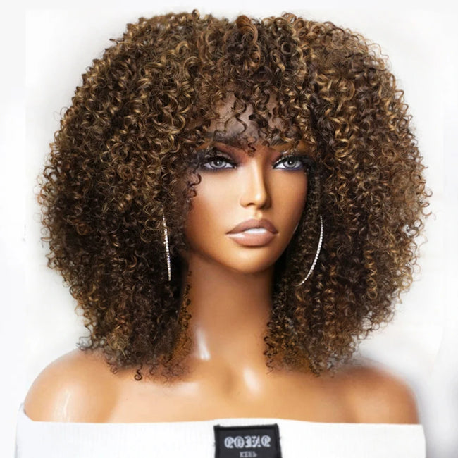 Natural Brown Afro Kinky Curly Human Hair Wig with Bangs