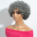 Short Silver Gray Curly Bob 100% Human Hair Wig