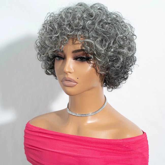 Short Silver Gray Curly Bob 100% Human Hair Wig