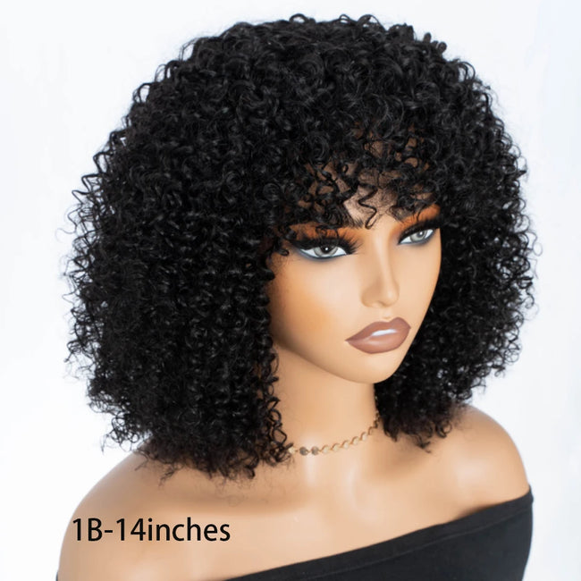 Natural Brown Afro Kinky Curly Human Hair Wig with Bangs