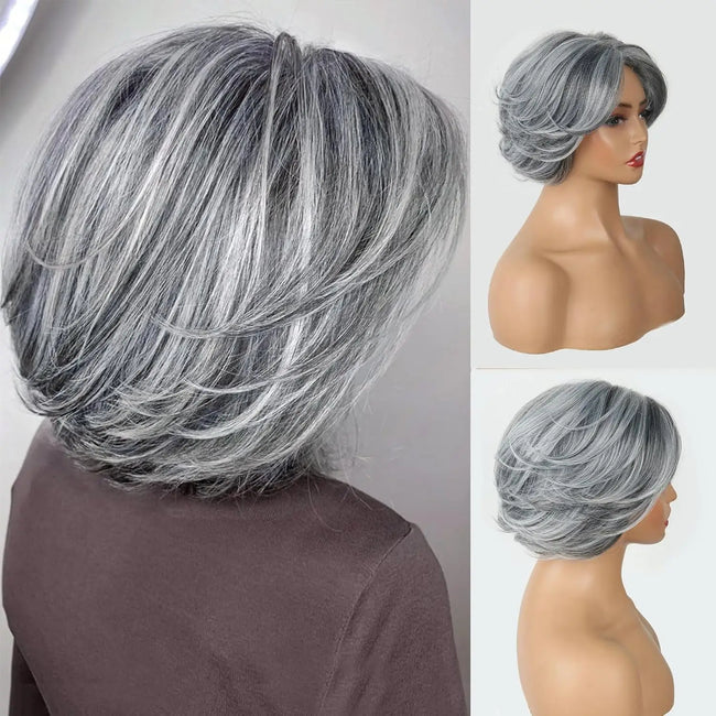 Bright Silver-Gray Layered Bob Wig with Curtain Bangs, Suitable for Women, Synthetic Light Gray Bright Bob Wig, Short Gray Layered Synthetic Wig, Suitable for Black Women (Silver-Gray Mixed Highlights)