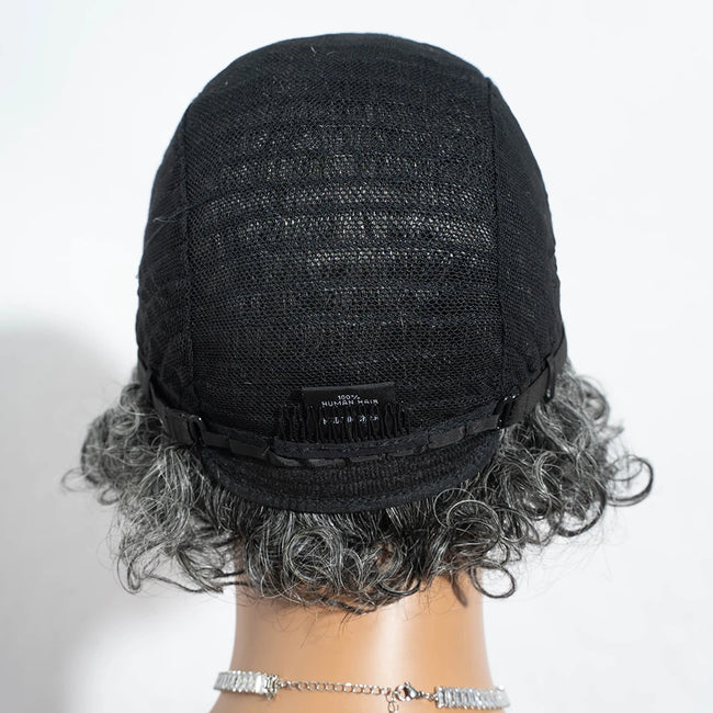 Short Silver Gray Curly Bob 100% Human Hair Wig