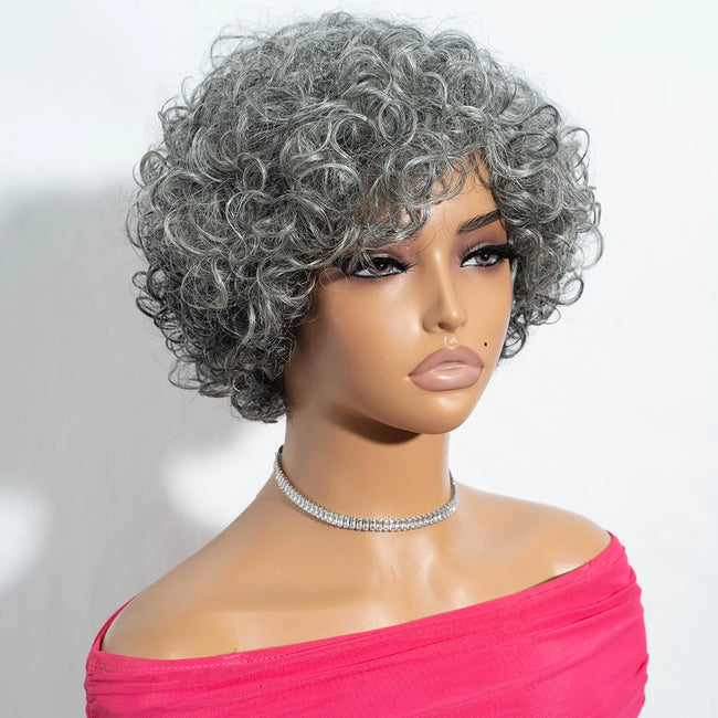 Short Silver Gray Curly Bob 100% Human Hair Wig