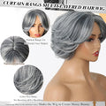 Bright Silver-Gray Layered Bob Wig with Curtain Bangs, Suitable for Women, Synthetic Light Gray Bright Bob Wig, Short Gray Layered Synthetic Wig, Suitable for Black Women (Silver-Gray Mixed Highlights)