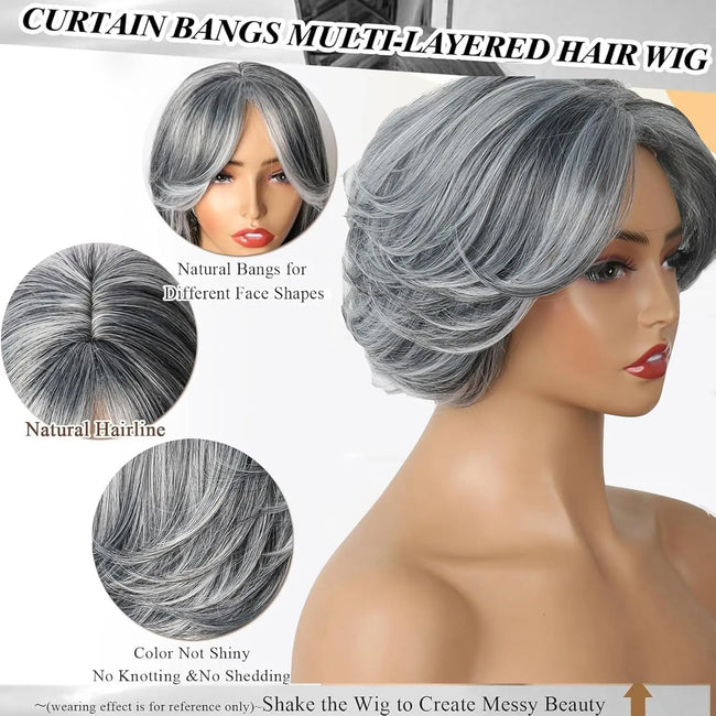 Bright Silver-Gray Layered Bob Wig with Curtain Bangs, Suitable for Women, Synthetic Light Gray Bright Bob Wig, Short Gray Layered Synthetic Wig, Suitable for Black Women (Silver-Gray Mixed Highlights)