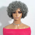 Short Silver Gray Curly Bob 100% Human Hair Wig