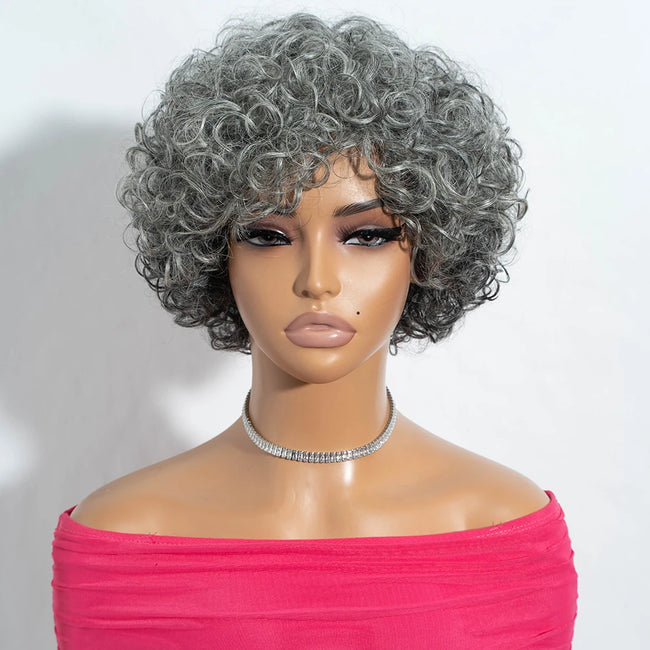 Short Silver Gray Curly Bob 100% Human Hair Wig