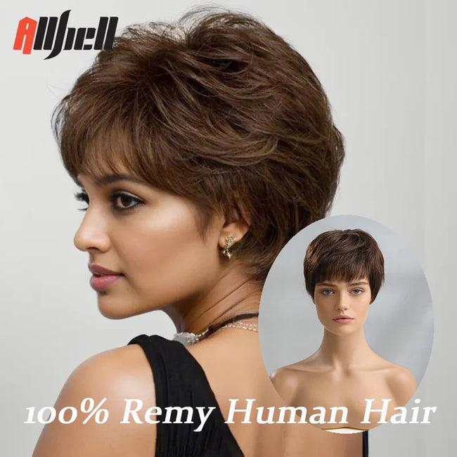 Brown Straight Human Hair Wig With Bangs