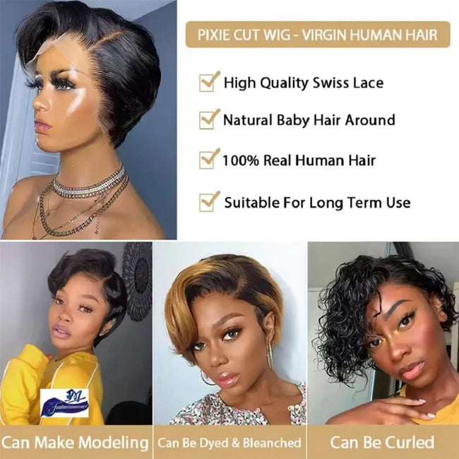 Burmese Hair Side Part Pixie Cut Straight Wig