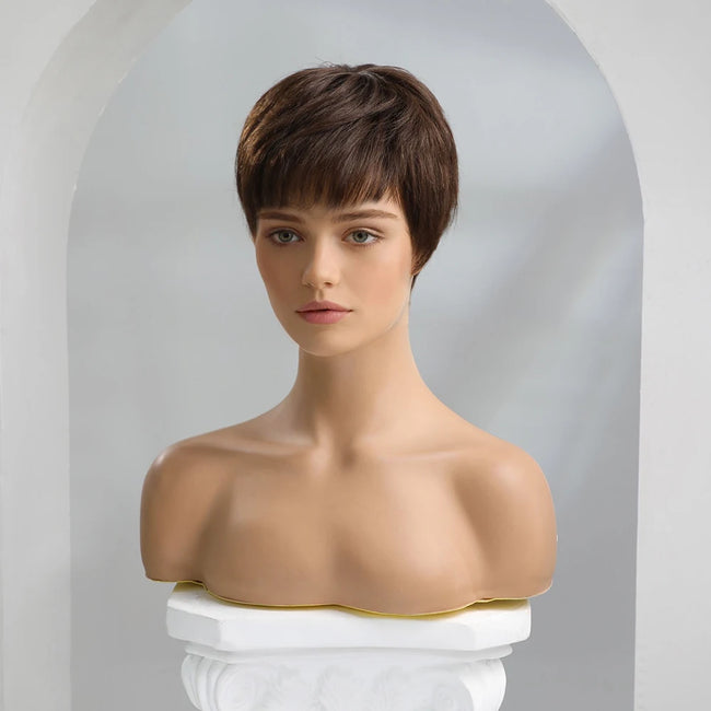 Brown Straight Human Hair Wig With Bangs