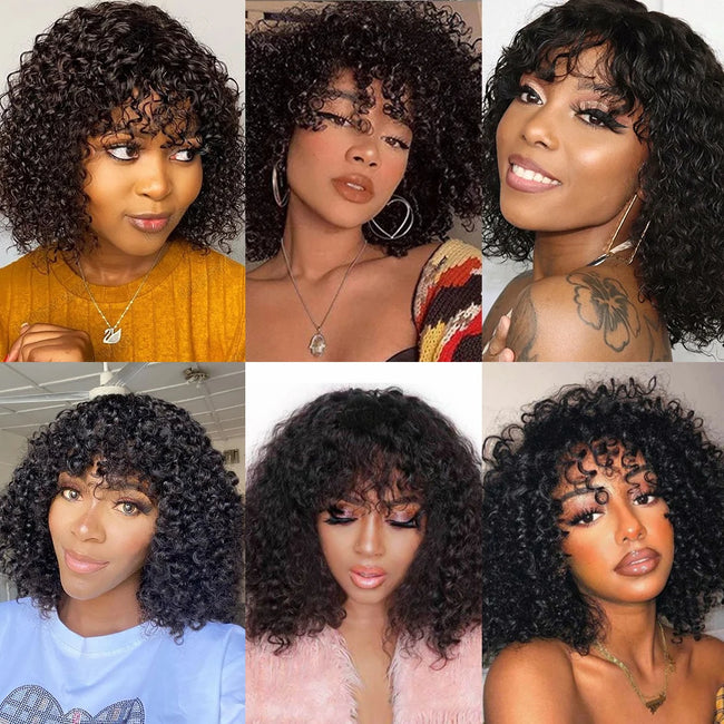 Short Curly Glueless Human Hair Wig with Bangs