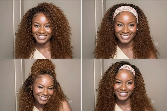 Four-panel collage showing a woman modeling a long, curly wig in different styling arrangements. The top-left panel shows the full wig with the brand name WOWANGEL in white text.