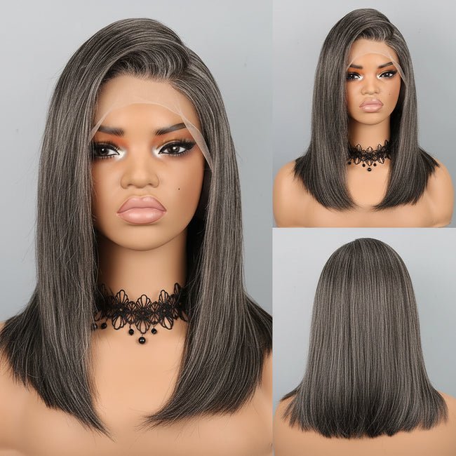 Gray wig displayed on a mannequin head with close-up views.