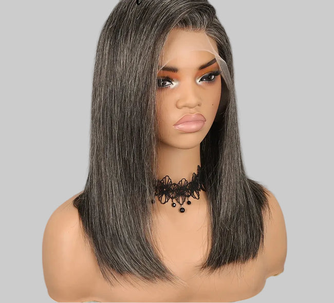 A shoulder-length straight wig with dark ash gray to black tones, displayed on a mannequin head against a plain gray background. 