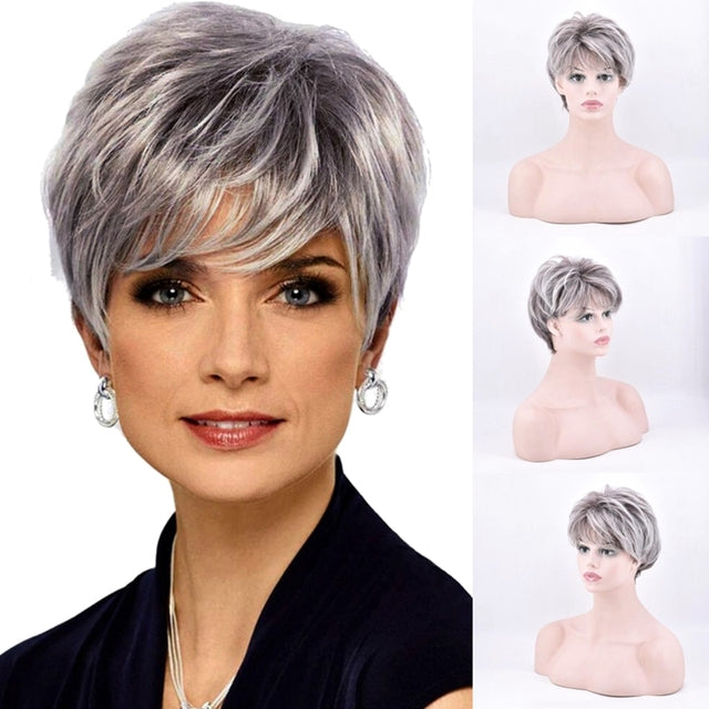 Short Silver (gray) Wigs for Women-Synthetic