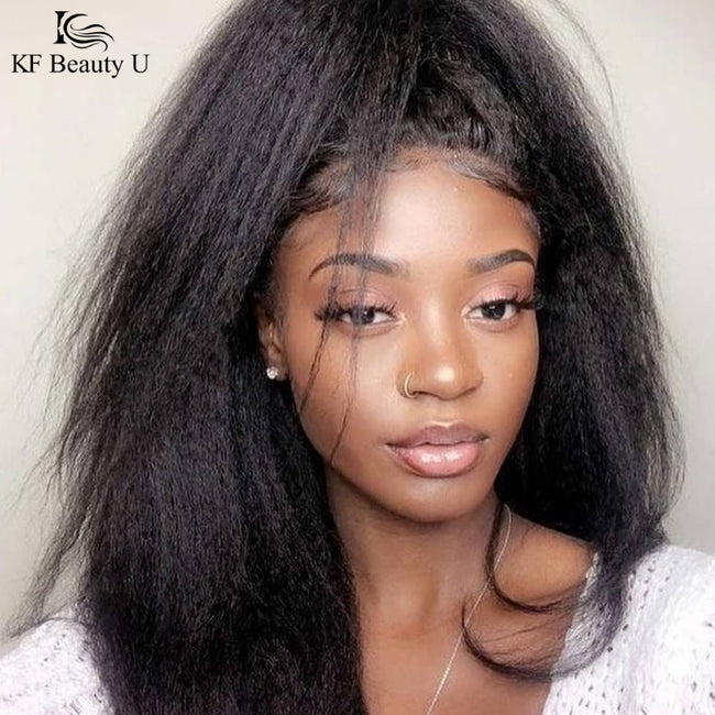 Kinky Straight Pre-plucked Lace Front Human Hair Wig with Baby Hair up to 32 inches